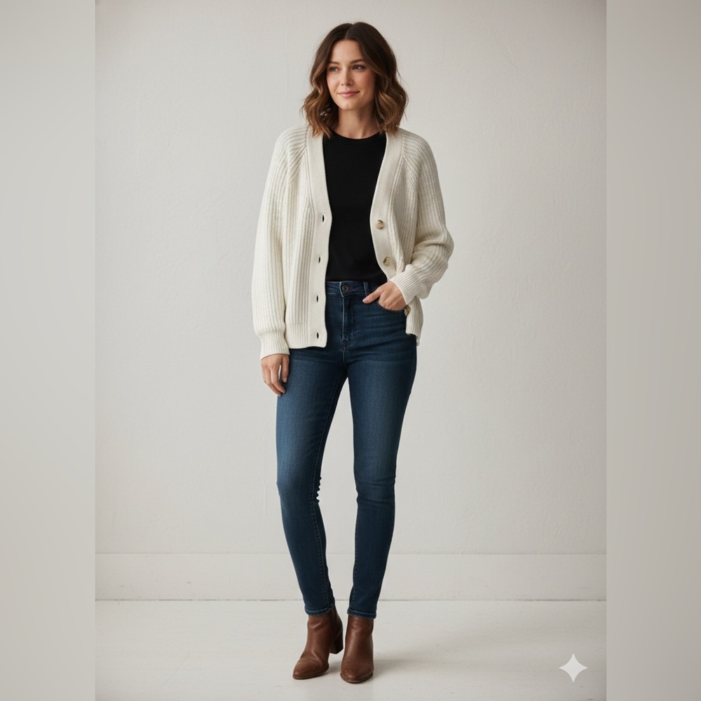 Old Navy Cream Rib-Knit Shaker Stitch Cardigan Sweater Large